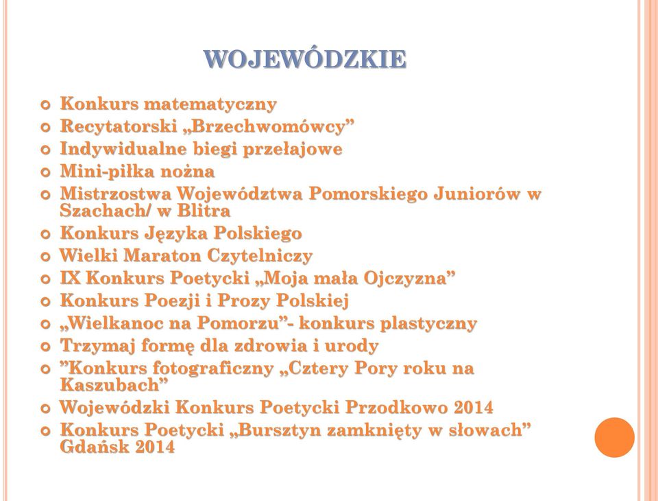 Ojczyzna Konkurs Poezji i Prozy Polskiej Wielkanoc na Pomorzu - konkurs plastyczny Trzymaj formę dla zdrowia i urody Konkurs