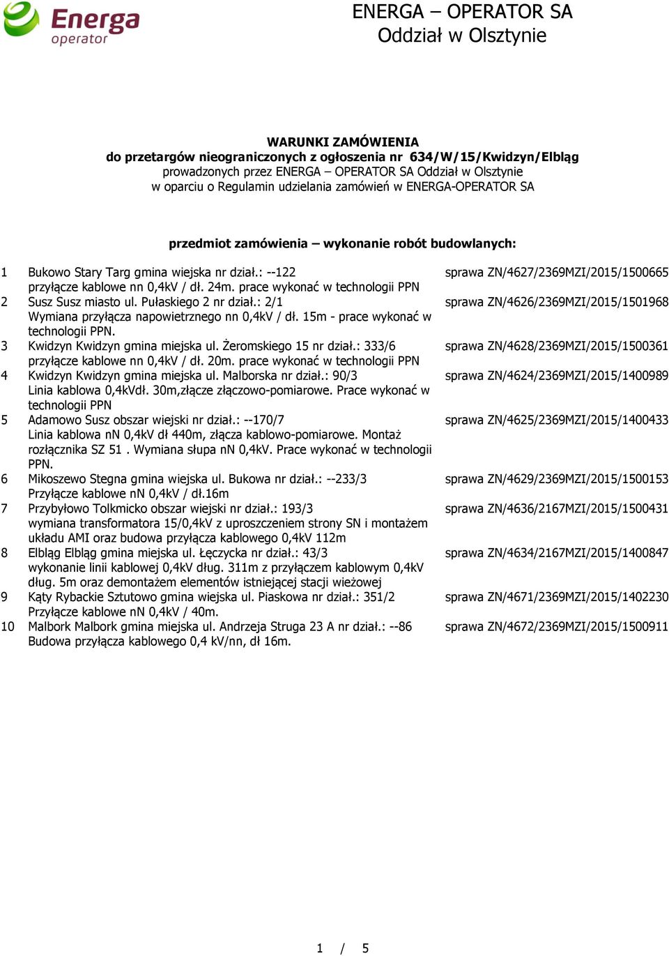 Pułaskiego 2 nr dział.: 2/1 Wymiana przyłącza napowietrznego nn 0,4kV / dł. 15m - prace wykonać w technologii PPN. 3 Kwidzyn Kwidzyn gmina miejska ul. Żeromskiego 15 nr dział.