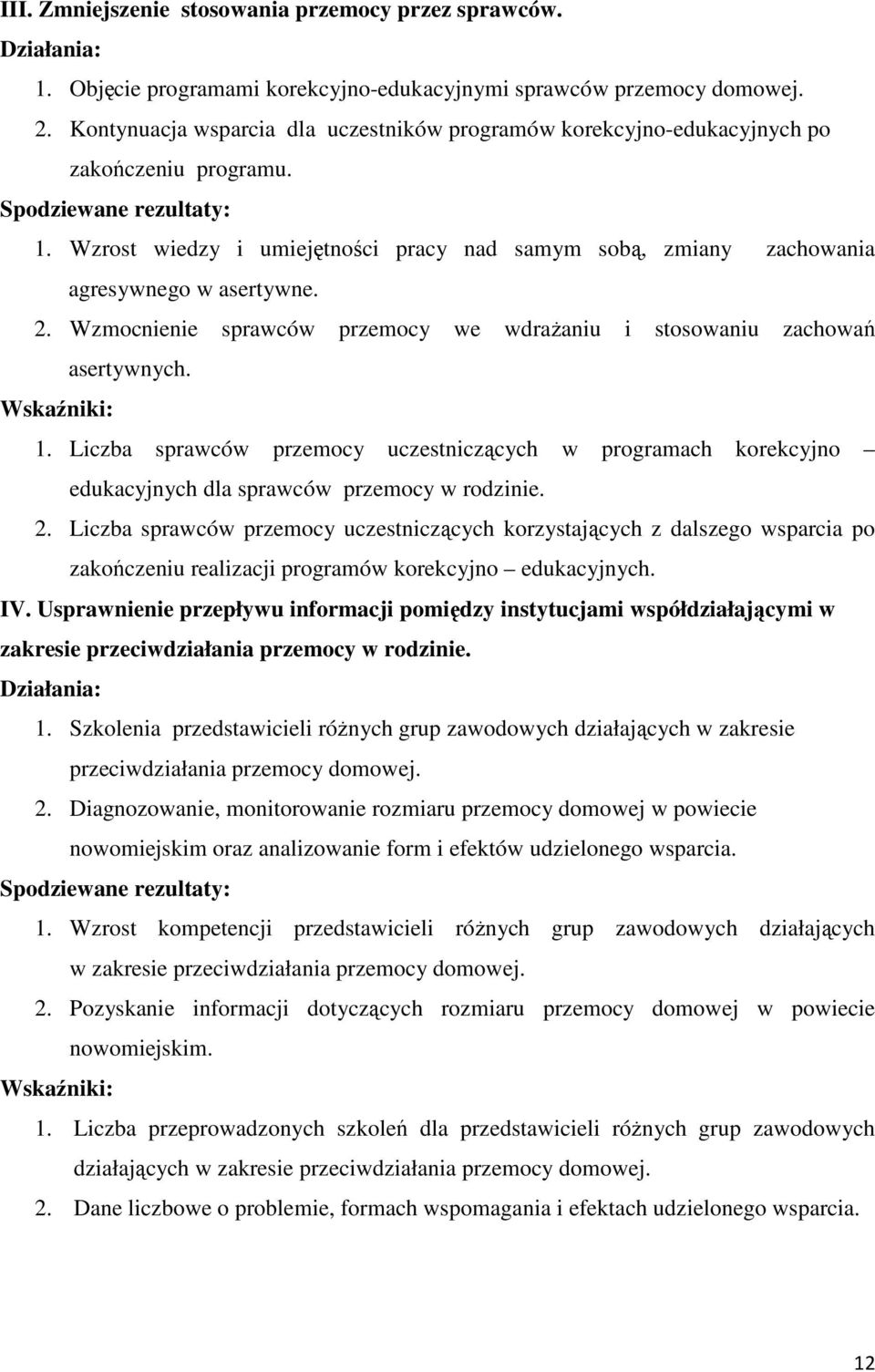 Wzrost wiedzy i umiejętności pracy nad samym sobą, zmiany zachowania agresywnego w asertywne. 2. Wzmocnienie sprawców przemocy we wdrażaniu i stosowaniu zachowań asertywnych. Wskaźniki: 1.