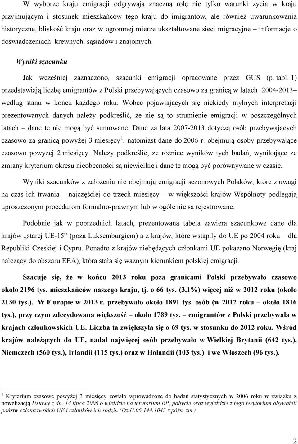 tabl. 1) przedstawiają liczbę emigrantów z Polski przebywających czasowo za granicą w latach 2004-2013 według stanu w końcu każdego roku.
