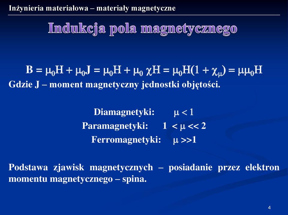 Diamagnetyki: m < 1 Paramagnetyki: 1 < m << 2 Ferromagnetyki: m