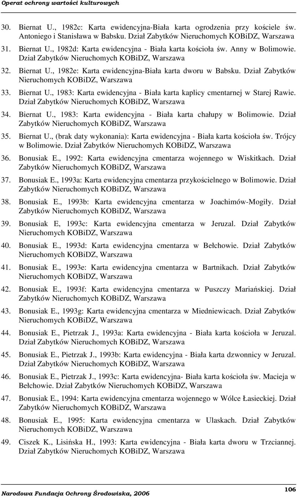 Dział 34. Biernat U., 1983: Karta ewidencyjna - Biała karta chałupy w Bolimowie. Dział 35. Biernat U., (brak daty wykonania): Karta ewidencyjna - Biała karta kościoła św. Trójcy w Bolimowie. Dział 36.