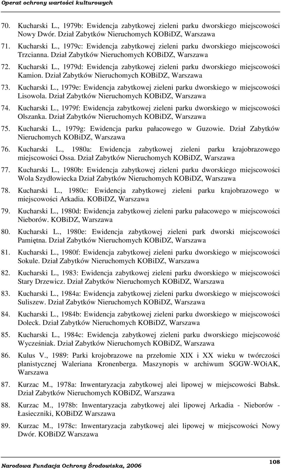 Dział 74. Kucharski L., 1979f: Ewidencja zabytkowej zieleni parku dworskiego w miejscowości Olszanka. Dział 75. Kucharski L., 1979g: Ewidencja parku pałacowego w Guzowie. Dział Zabytków 76.