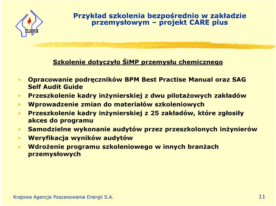 szkoleniowych Przeszkolenie kadry inżynierskiej z 25 zakładów, które zgłosiły akces do programu Samodzielne wykonanie audytów przez przeszkolonych