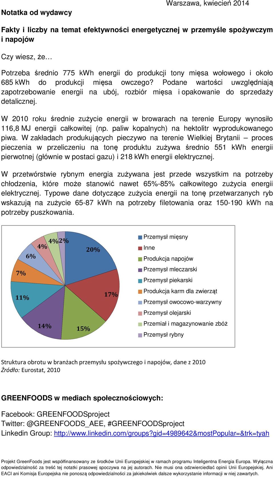 W 2010 roku średnie zużycie energii w browarach na terenie Europy wynosiło 116,8 MJ energii całkowitej (np. paliw kopalnych) na hektolitr wyprodukowanego piwa.