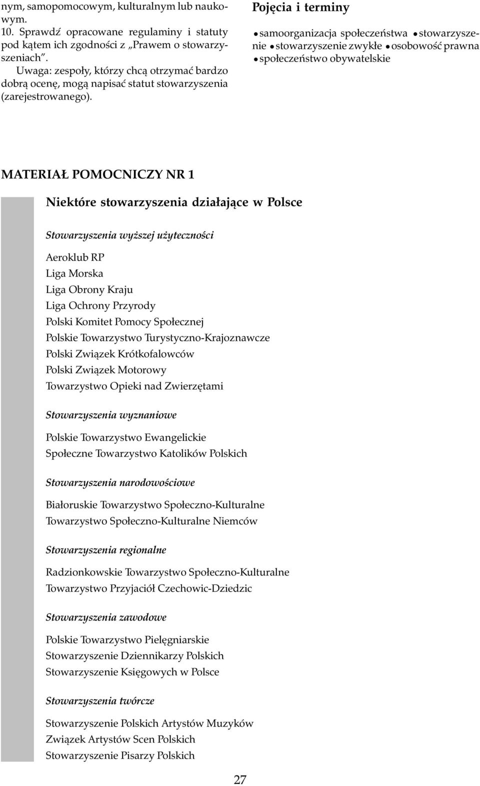 Pojęcia i terminy samoorganizacja społeczeństwa stowarzyszenie stowarzyszenie zwykłe osobowość prawna społeczeństwo obywatelskie MATERIAŁ POMOCNICZY NR 1 Niektóre stowarzyszenia działające w Polsce