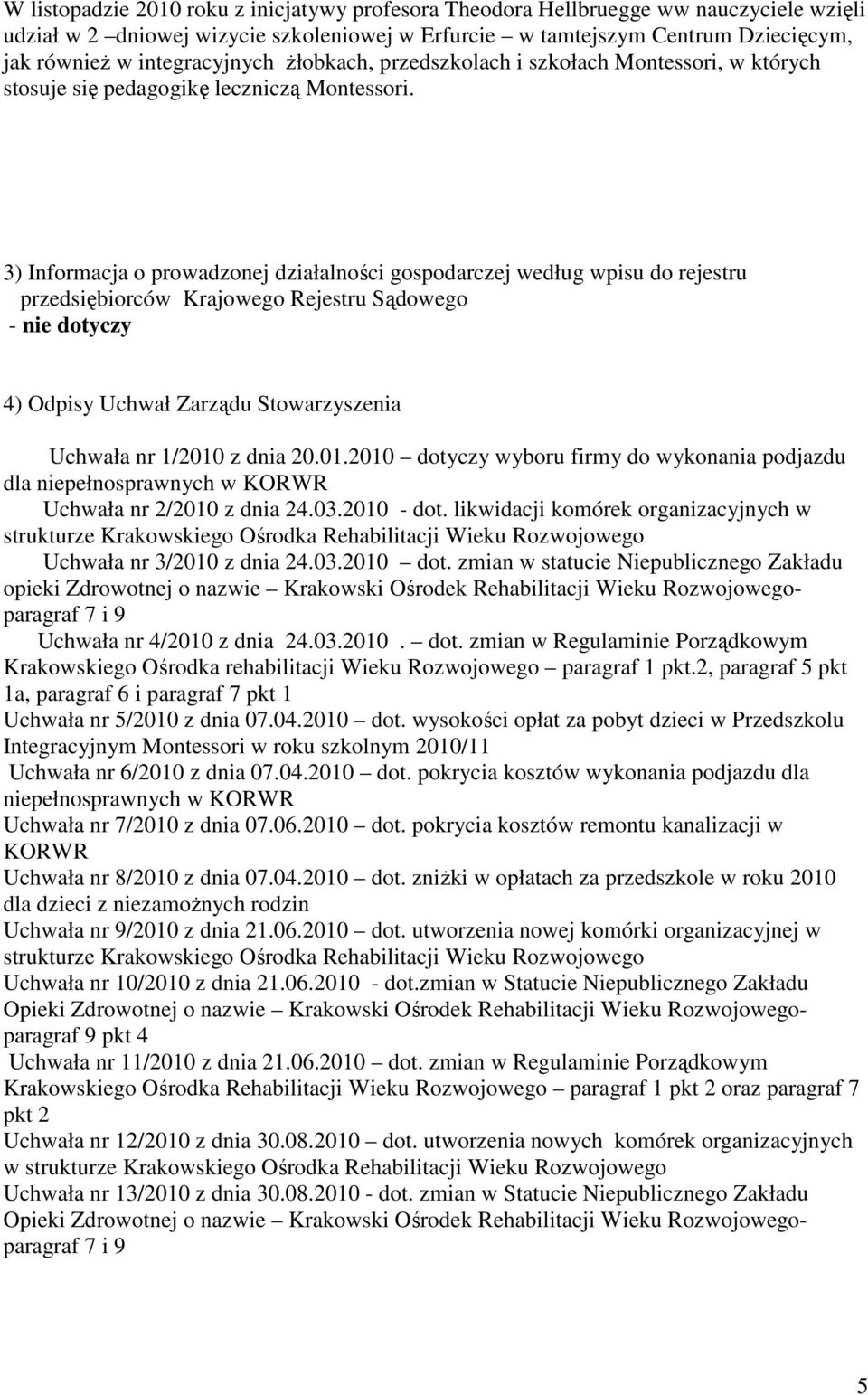 3) Informacja o prowadzonej działalności gospodarczej według wpisu do rejestru przedsiębiorców Krajowego Rejestru Sądowego - nie dotyczy 4) Odpisy Uchwał Zarządu Stowarzyszenia Uchwała nr 1/2010 z