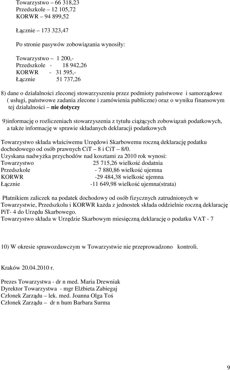 9)informację o rozliczeniach stowarzyszenia z tytułu ciążących zobowiązań podatkowych, a także informację w sprawie składanych deklaracji podatkowych Towarzystwo składa właściwemu Urzędowi Skarbowemu