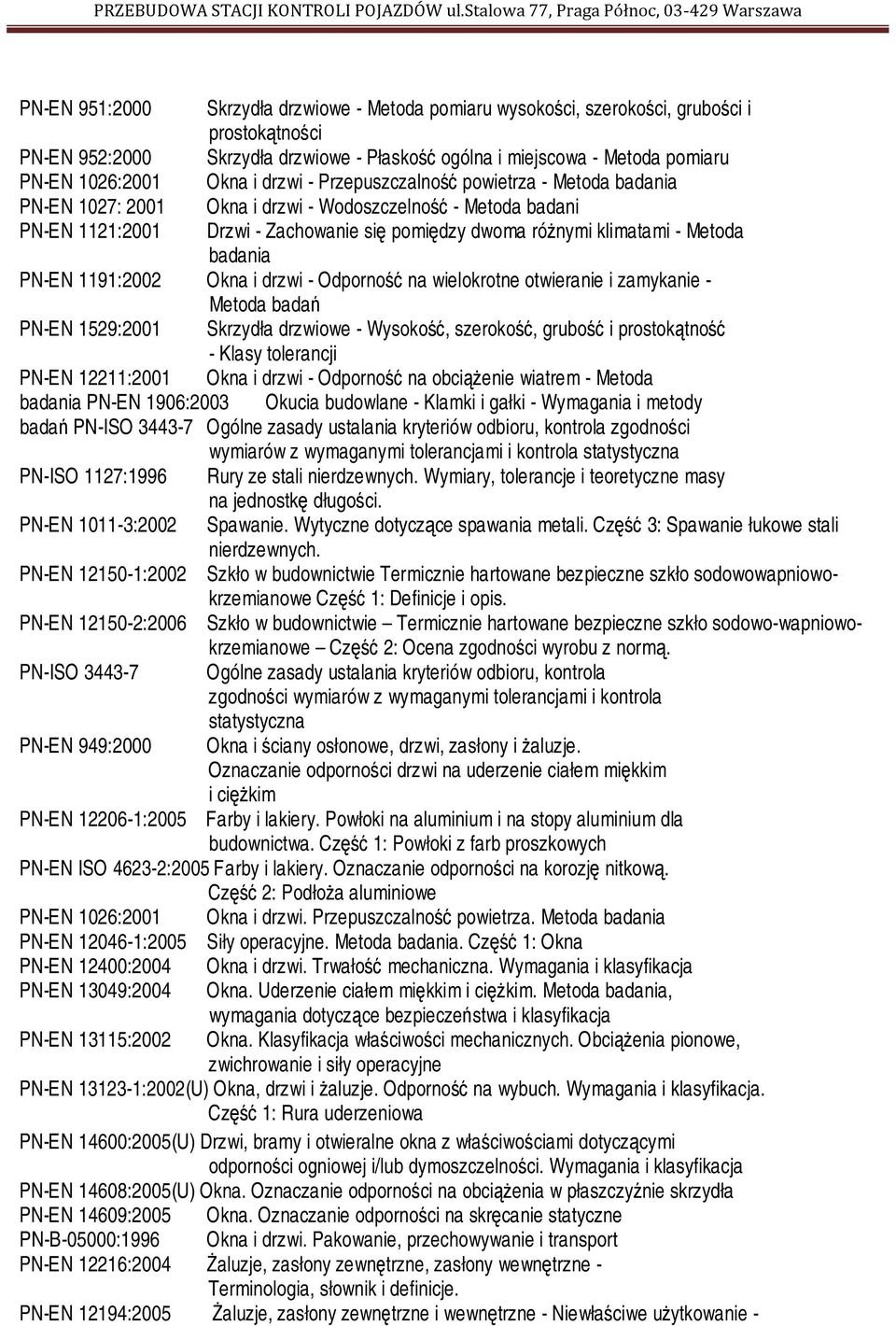 badania PN-EN 1191:2002 Okna i drzwi - Odporność na wielokrotne otwieranie i zamykanie - Metoda badań PN-EN 1529:2001 Skrzydła drzwiowe - Wysokość, szerokość, grubość i prostokątność - Klasy