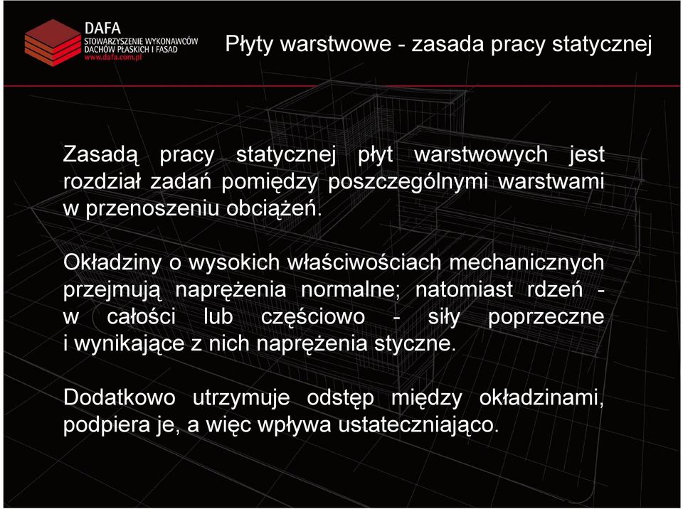 Okładziny o wysokich właściwościach mechanicznych przejmują naprężenia normalne; natomiast rdzeń - w całości