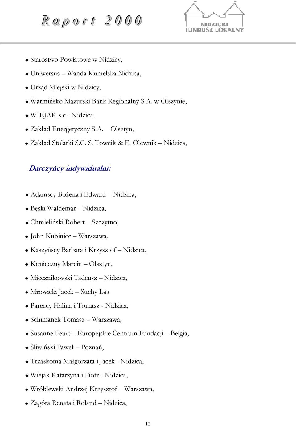 Olewnik Nidzica, Darczyńcy indywidualni: Adamscy Bożena i Edward Nidzica, Bęski Waldemar Nidzica, Chmieliński Robert Szczytno, John Kubiniec Warszawa, Kaszyńscy Barbara i Krzysztof Nidzica,