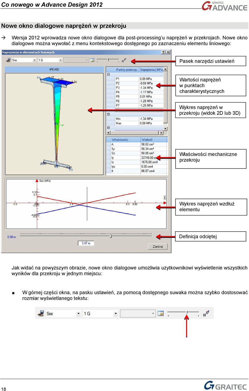 Wykres naprężeń w przekroju (widok 2D lub 3D) Właściwości mechaniczne przekroju Wykres naprężeń wzdłuż elementu Definicja odciętej Jak widać na powyższym obrazie, nowe okno