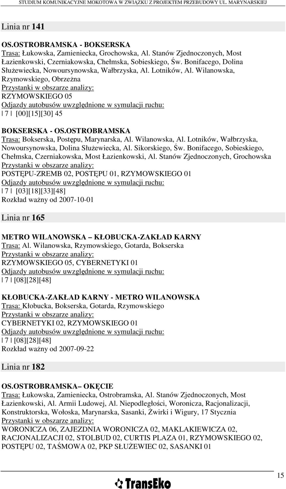 Wilanowska, Rzymowskiego, ObrzeŜna Przystanki w obszarze analizy: RZYMOWSKIEGO 05 Odjazdy autobusów uwzględnione w symulacji ruchu: 7 [00][15][30] 45 BOKSERSKA - OS.