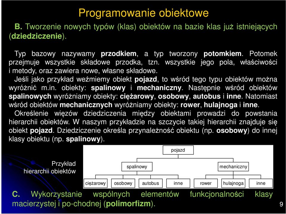 Jeśli jako przykład weźmiemy obiekt pojazd, to wśród tego typu obiektów można wyróżnić m.in. obiekty: spalinowy i mechaniczny.