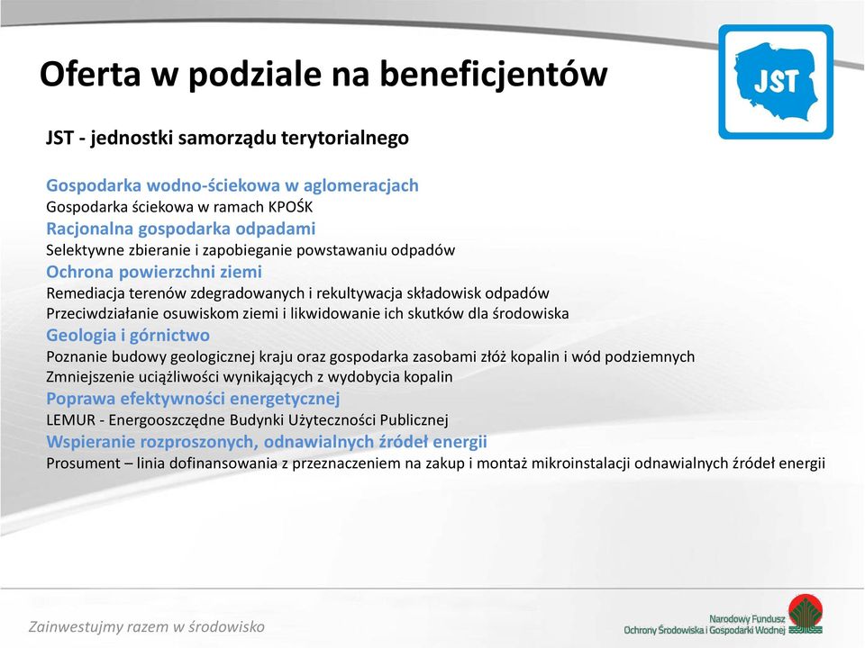 dla środowiska Geologia i górnictwo Poznanie budowy geologicznej kraju oraz gospodarka zasobami złóż kopalin i wód podziemnych Zmniejszenie uciążliwości wynikających z wydobycia kopalin Poprawa