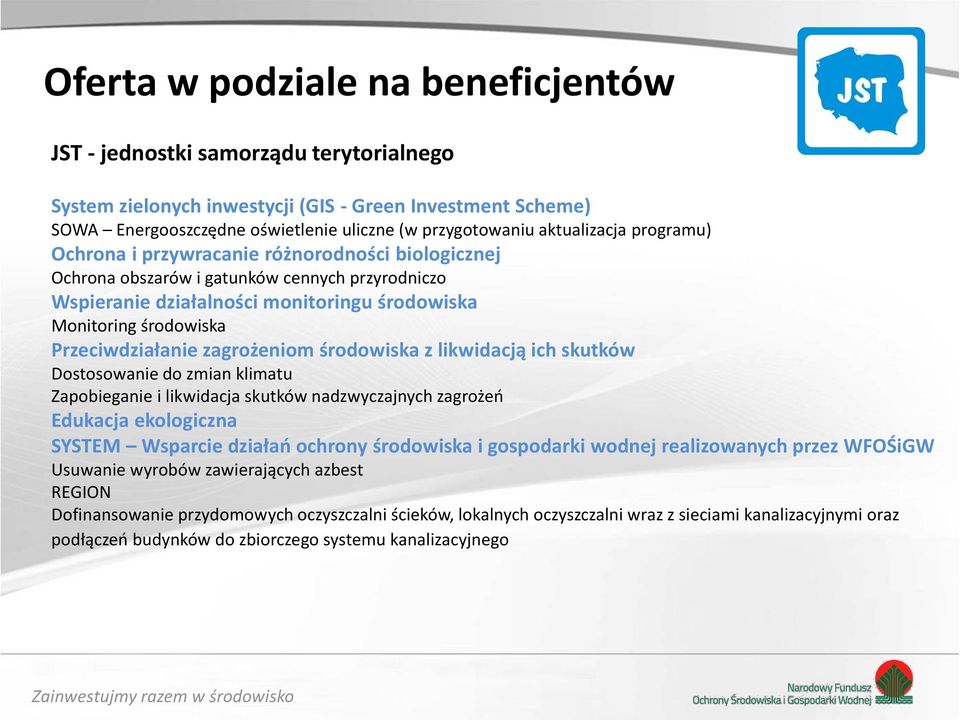 Przeciwdziałanie zagrożeniom środowiska z likwidacją ich skutków Dostosowanie do zmian klimatu Zapobieganie i likwidacja skutków nadzwyczajnych zagrożeń Edukacja ekologiczna SYSTEM Wsparcie działań