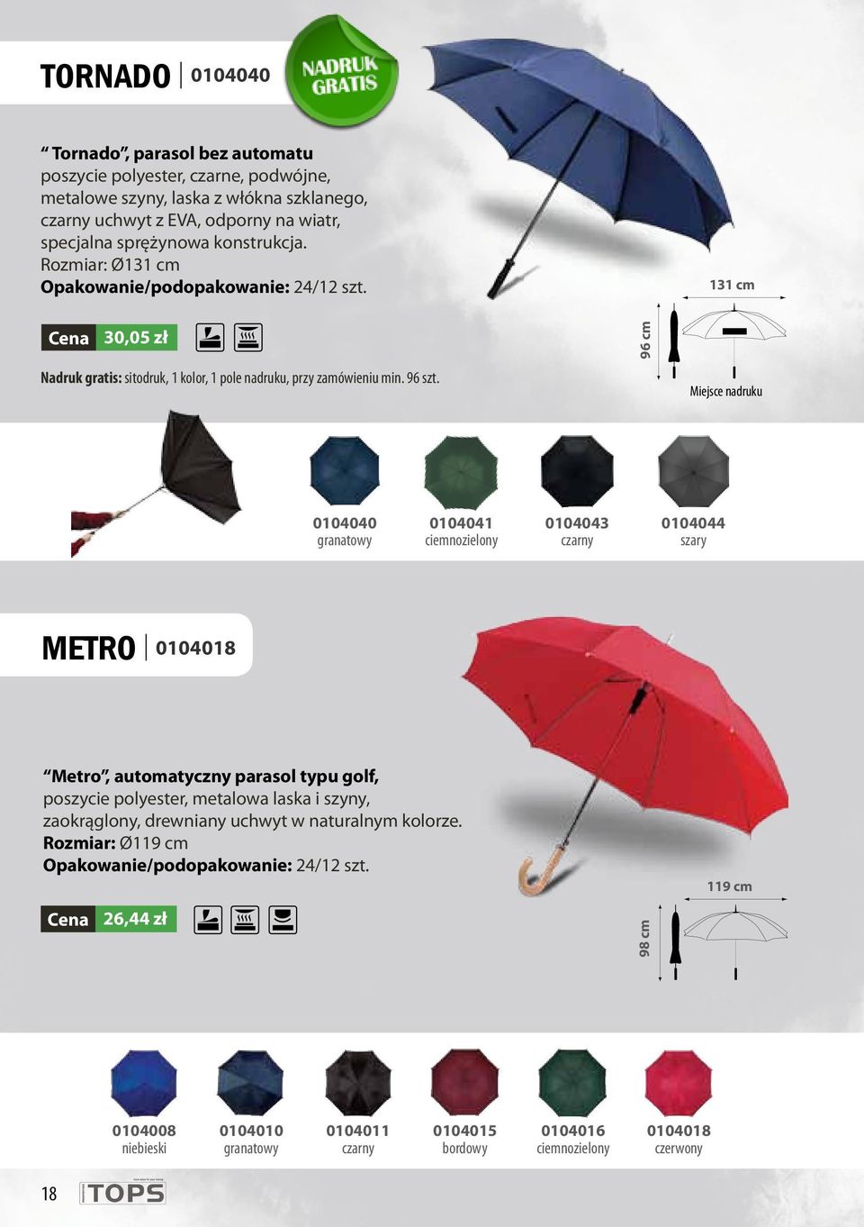 96 cm 0104040 0104041 0104043 0104044 granatowy ciemnozielony czarny szary METRO 0104018 Metro, automatyczny parasol typu golf, poszycie polyester, metalowa laska i szyny, zaokrąglony,