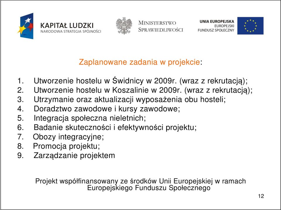 Doradztwo zawodowe i kursy zawodowe; 5. Integracja społeczna nieletnich; 6. Badanie skuteczności i efektywności projektu; 7.