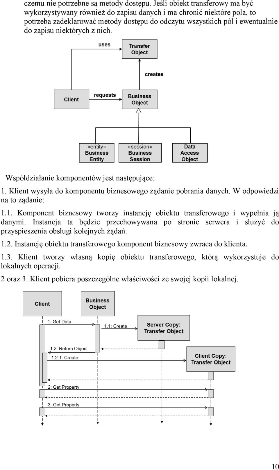 niektórych z nich. Współdziałanie komponentów jest następujące: 1. Klient wysyła do komponentu biznesowego żądanie pobrania danych. W odpowiedzi na to żądanie: 1.1. Komponent biznesowy tworzy instancję obiektu transferowego i wypełnia ją danymi.