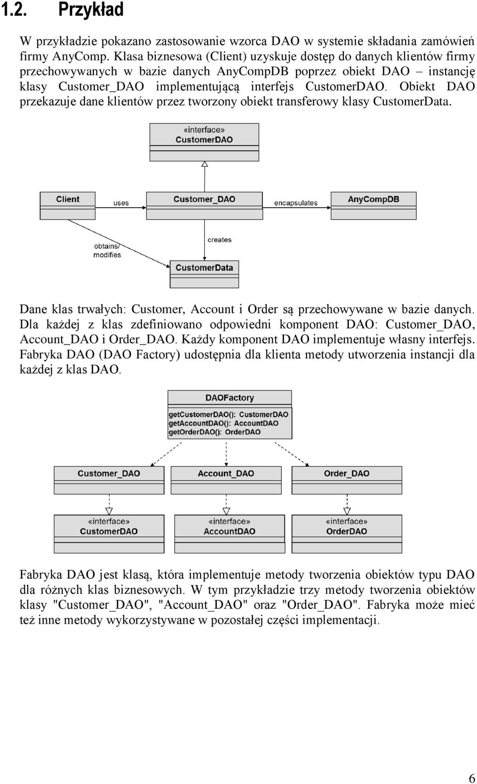 Obiekt DAO przekazuje dane klientów przez tworzony obiekt transferowy klasy CustomerData. Dane klas trwałych: Customer, Account i Order są przechowywane w bazie danych.