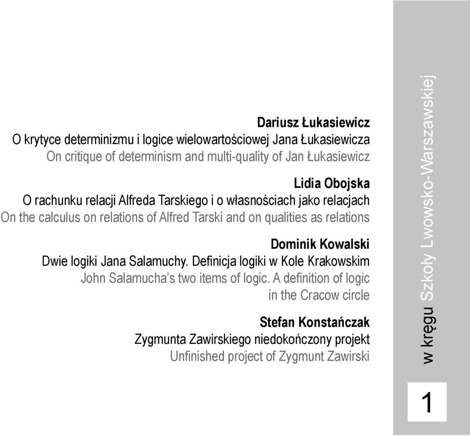 relations Dominik Kowalski Dwie logiki Jana Salamuchy. Definicja logiki w Kole Krakowskim John Salamucha s two items of logic.