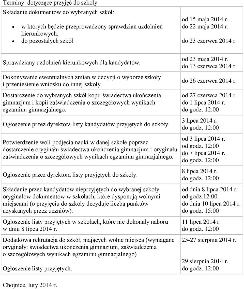 Dostarczenie do wybranych szkół kopii świadectwa ukończenia gimnazjum i kopii zaświadczenia o szczegółowych wynikach egzaminu gimnazjalnego.