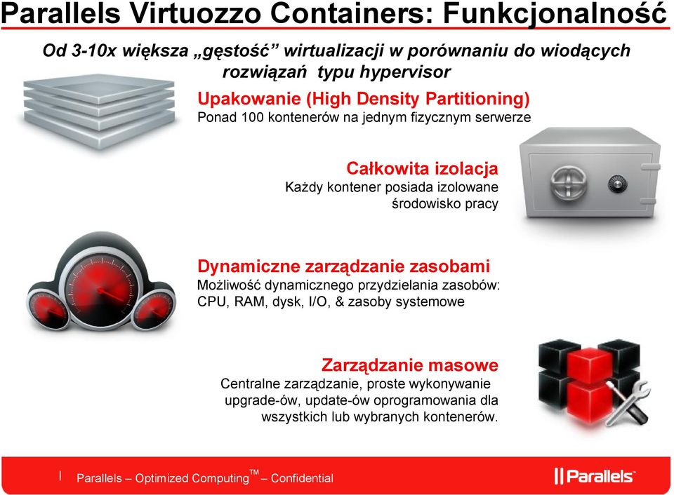 izolowane środowisko pracy Dynamiczne zarządzanie zasobami Możliwość dynamicznego przydzielania zasobów: CPU, RAM, dysk, I/O, & zasoby