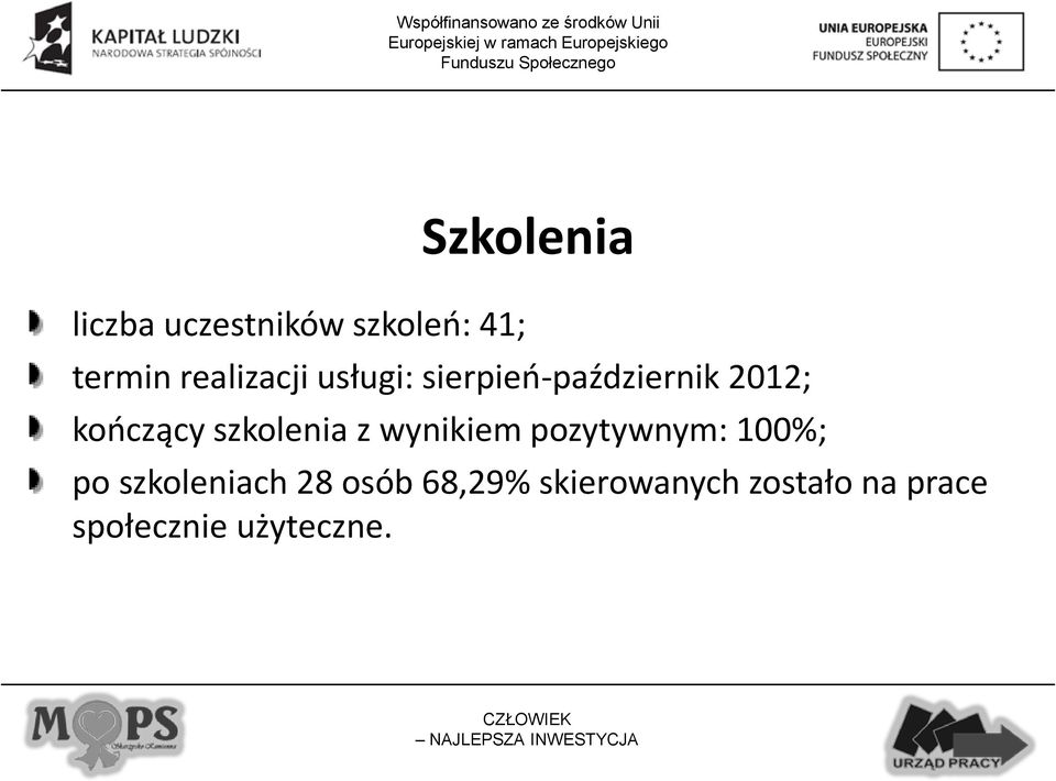 szkolenia z wynikiem pozytywnym: 100%; po szkoleniach