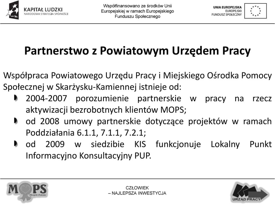 aktywizacji bezrobotnych klientów MOPS; od 2008 umowy partnerskie dotyczące projektów w ramach