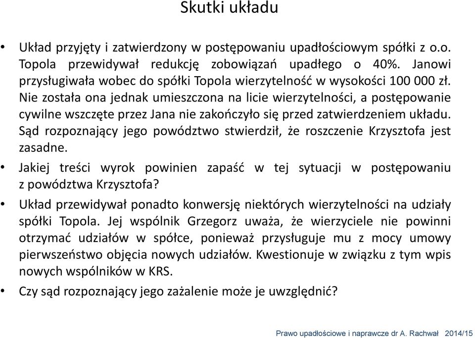 Nie została ona jednak umieszczona na licie wierzytelności, a postępowanie cywilne wszczęte przez Jana nie zakończyło się przed zatwierdzeniem układu.