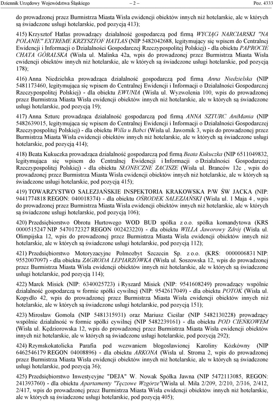 działalność gospodarczą pod firmą WYCIĄG NARCIARSKI "NA POLANIE" EXTREME KRZYSZTOF HATLAS (NIP 5482042688, legitymujący się wpisem do Centralnej Ewidencji i Informacji o Działalności Gospodarczej