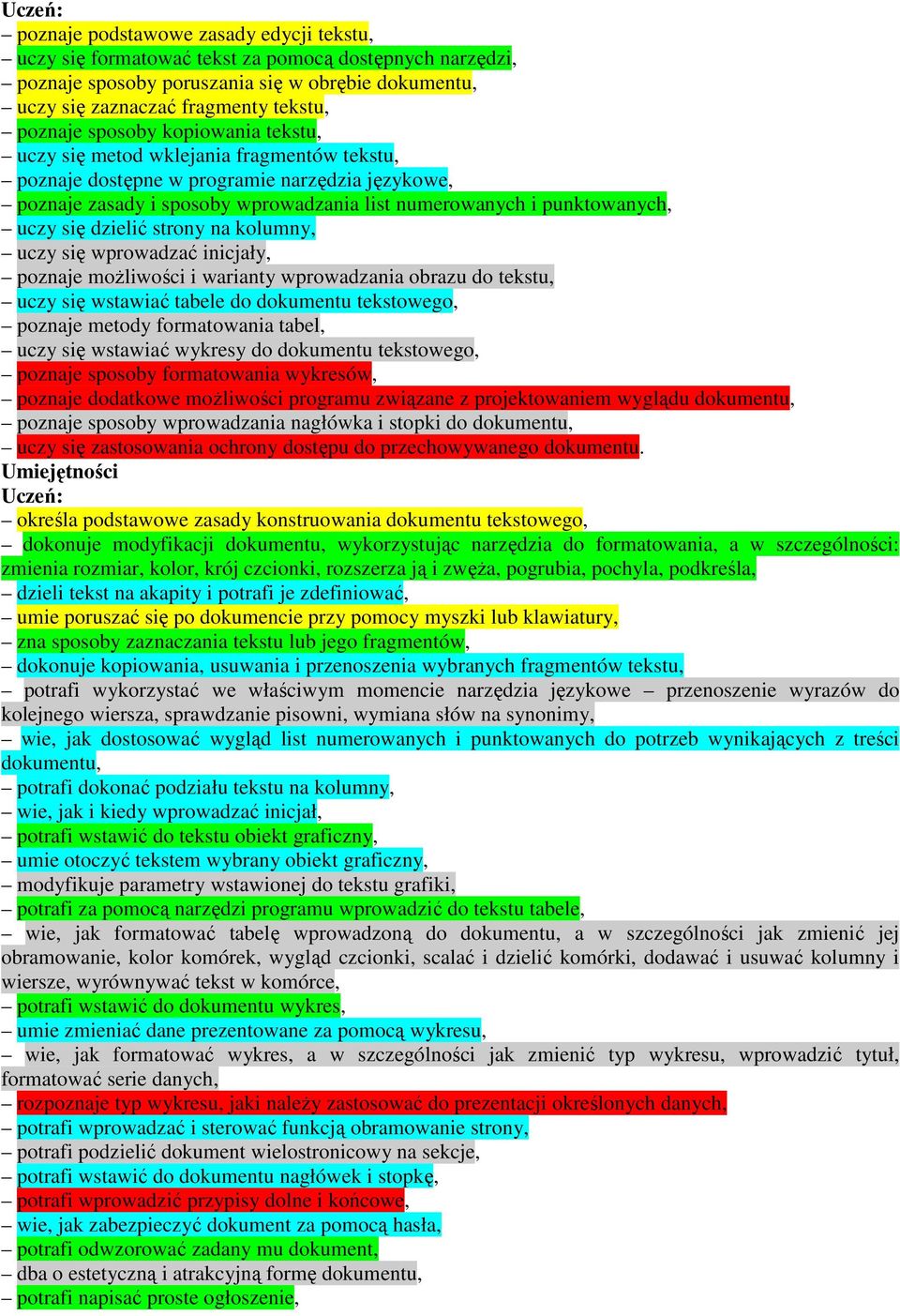 się dzielić strony na kolumny, uczy się wprowadzać inicjały, poznaje moŝliwości i warianty wprowadzania obrazu do tekstu, uczy się wstawiać tabele do dokumentu tekstowego, poznaje metody formatowania