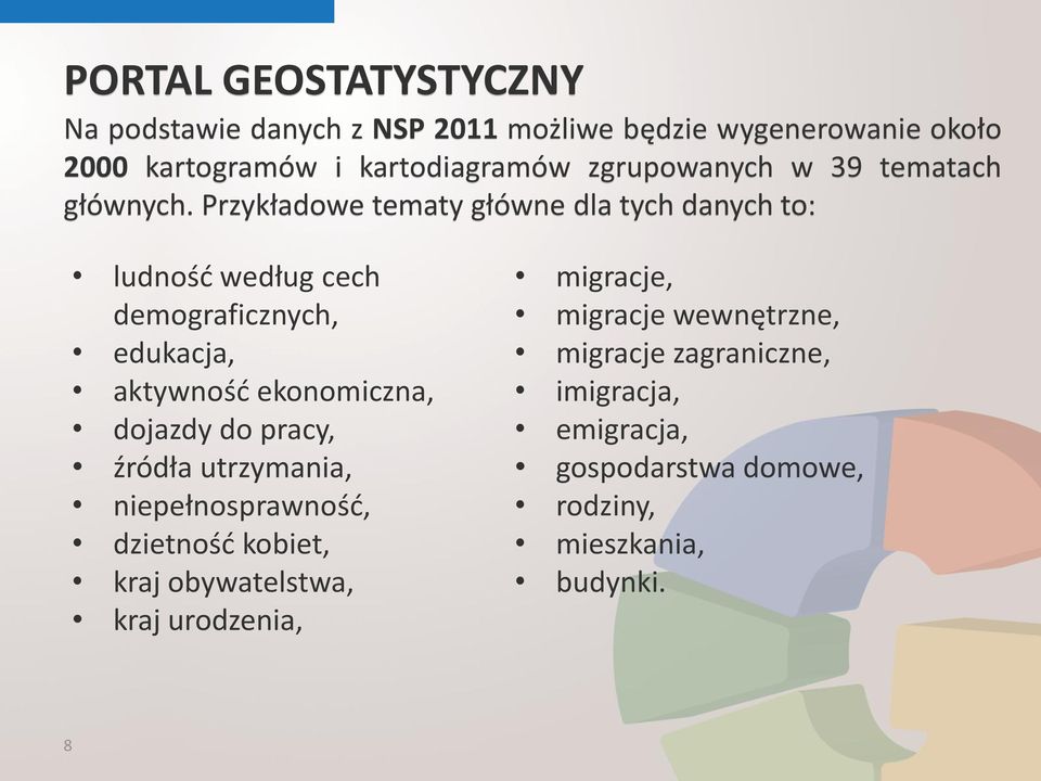 Przykładowe tematy główne dla tych danych to: ludność według cech demograficznych, edukacja, aktywność ekonomiczna, dojazdy do