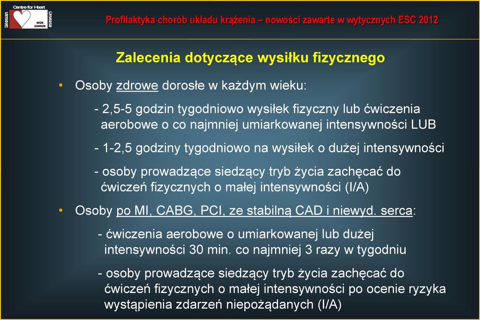 o małej intensywności (I/A) Osoby po MI, CABG, PCI, ze stabilną CAD i niewyd. serca: - ćwiczenia aerobowe o umiarkowanej lub dużej intensywności 30 min.