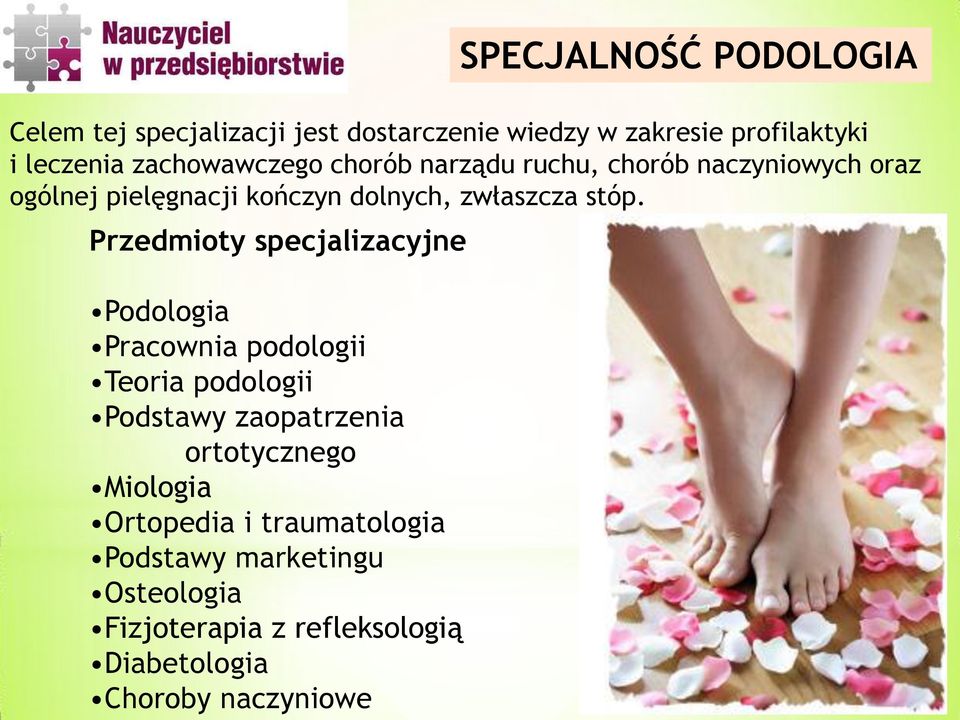 Przedmioty specjalizacyjne Podologia Pracownia podologii Teoria podologii Podstawy zaopatrzenia ortotycznego
