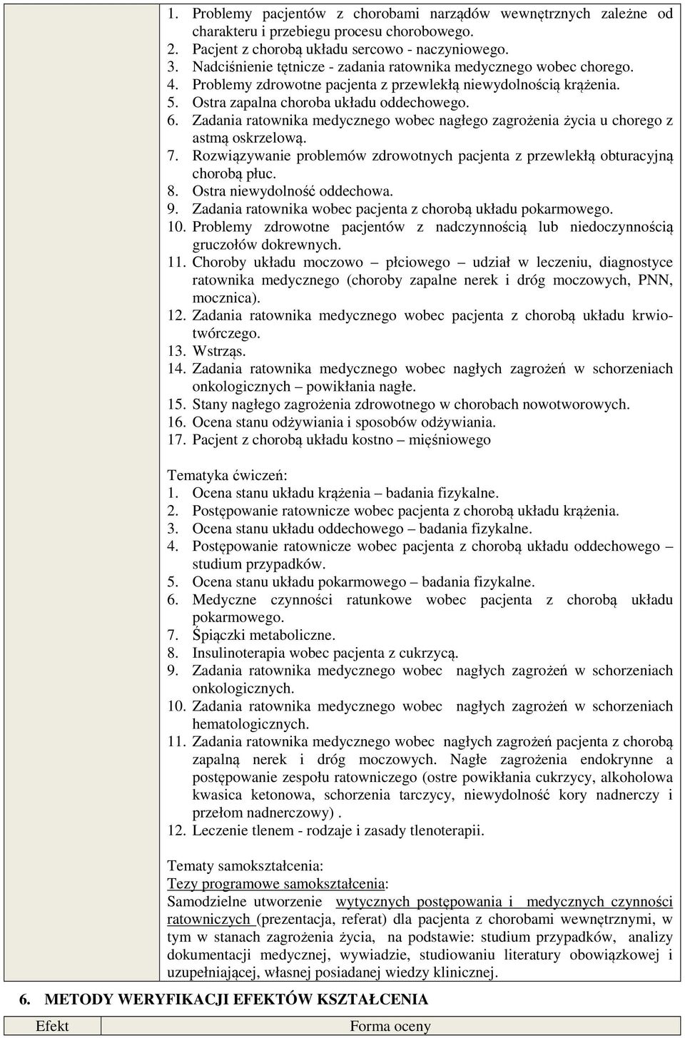 Zadania ratownika medycznego wobec nagłego zagrożenia życia u chorego z astmą oskrzelową. 7. Rozwiązywanie problemów zdrowotnych pacjenta z przewlekłą obturacyjną chorobą płuc. 8.