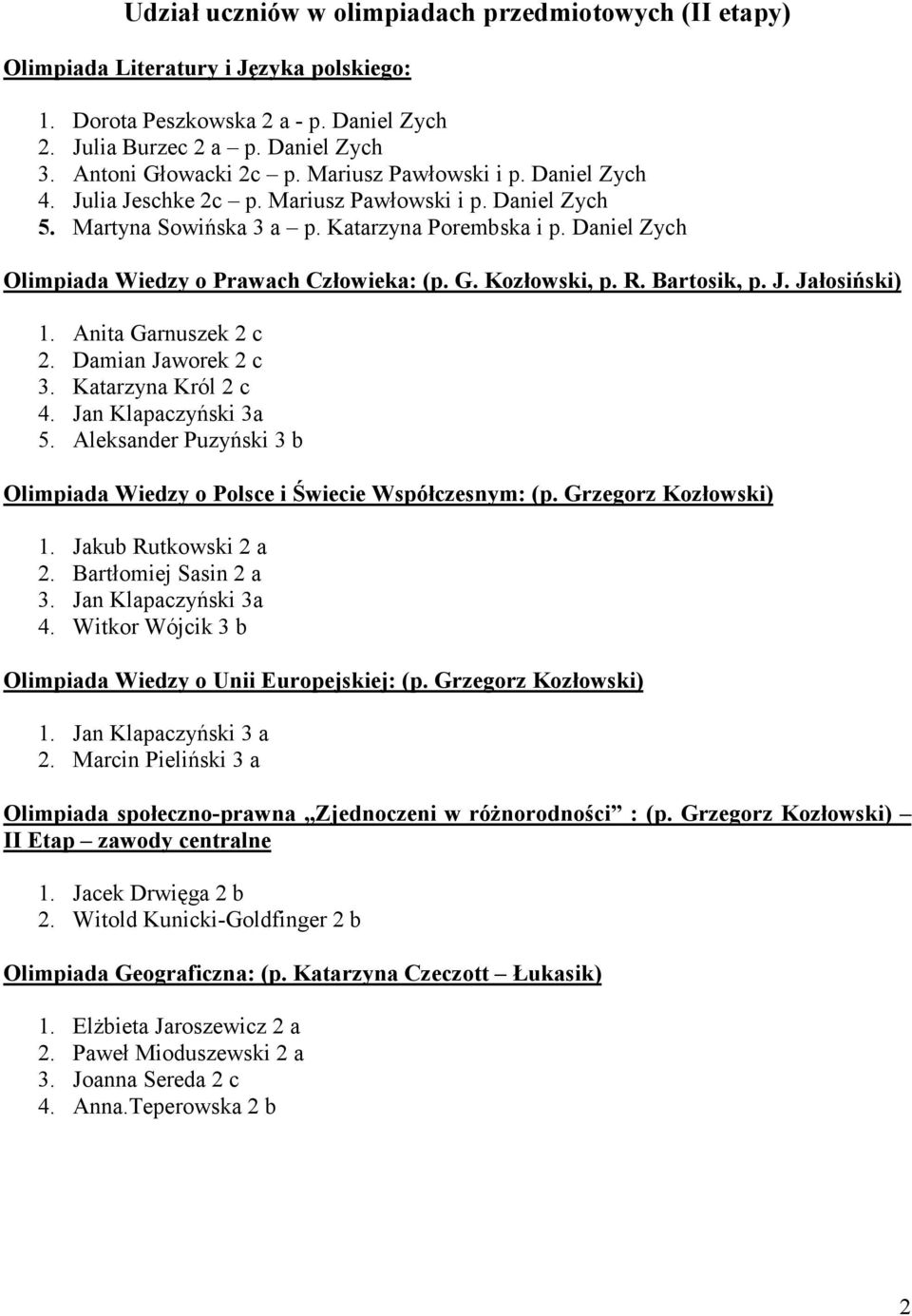 G. Kozłowski, p. R. Bartosik, p. J. Jałosiński) 1. Anita Garnuszek 2 c 2. Damian Jaworek 2 c 3. Katarzyna Król 2 c 4. Jan Klapaczyński 3a 5.