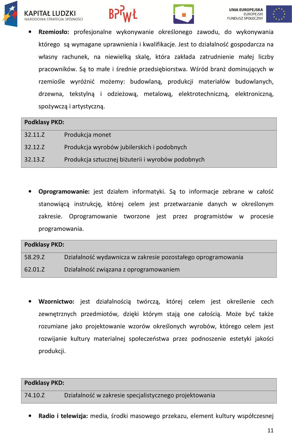 Wśród branż dominujących w rzemiośle wyróżnić możemy: budowlaną, produkcji materiałów budowlanych, drzewna, tekstylną i odzieżową, metalową, elektrotechniczną, elektroniczną, spożywczą i artystyczną.