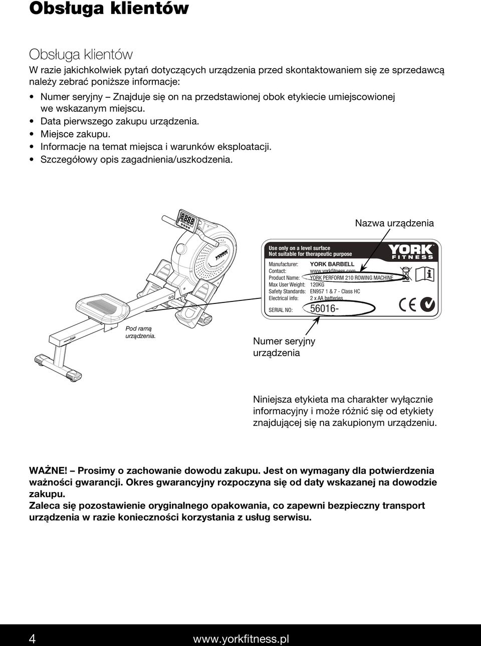 Szczegółowy opis zagadnienia/uszkodzenia. RESET MODE DOWN UP Nazwa urządzenia Use only on a level surface Not suitable for therapeutic purpose Manufacturer: YORK BARBELL Contact: www.yorkfitness.