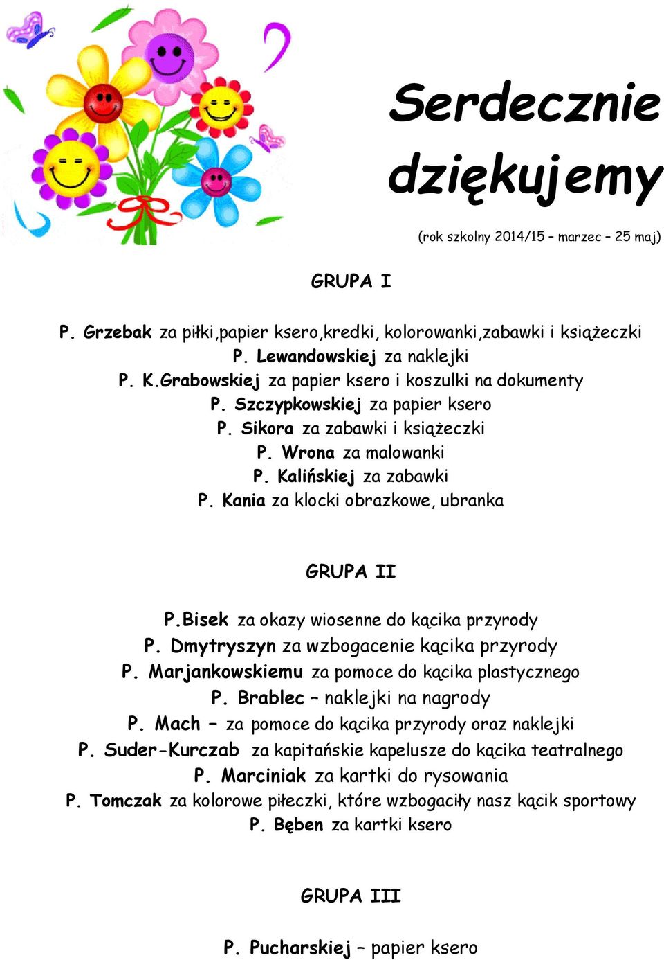 Kania za klocki obrazkowe, ubranka GRUPA II P.Bisek za okazy wiosenne do kącika przyrody P. Dmytryszyn za wzbogacenie kącika przyrody P. Marjankowskiemu za pomoce do kącika plastycznego P.