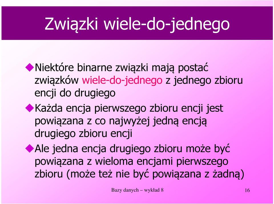 najwyżej jedną encją drugiego zbioru encji Ale jedna encja drugiego zbioru może być