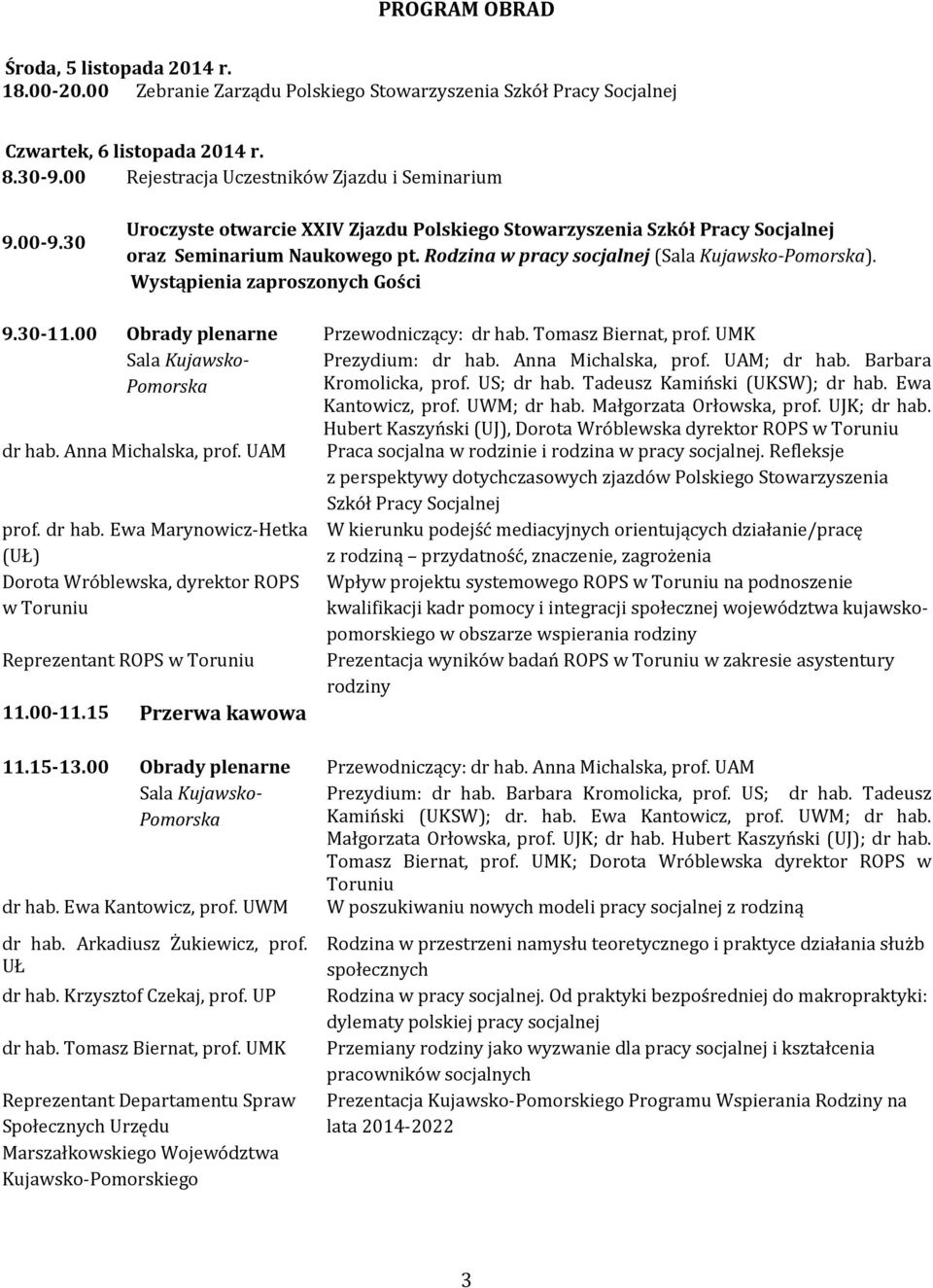 30-11.00 Obrady plenarne Sala Kujawsko- Pomorska dr hab. Anna Michalska, prof. UAM prof. dr hab. Ewa Marynowicz-Hetka (UŁ) Dorota Wróblewska, dyrektor ROPS w Toruniu Reprezentant ROPS w Toruniu 11.