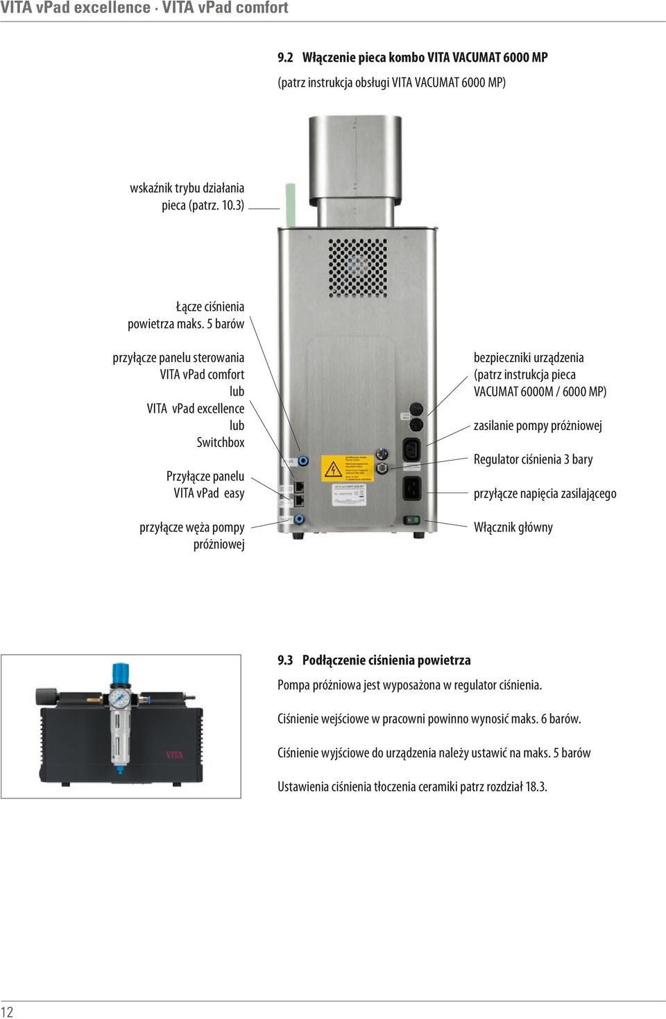 Regulator ciśnienia 3 bary Przyłącze panelu VITA vpad easy przyłącze napięcia zasilającego przyłącze węża pompy próżniowej Włącznik główny 9.