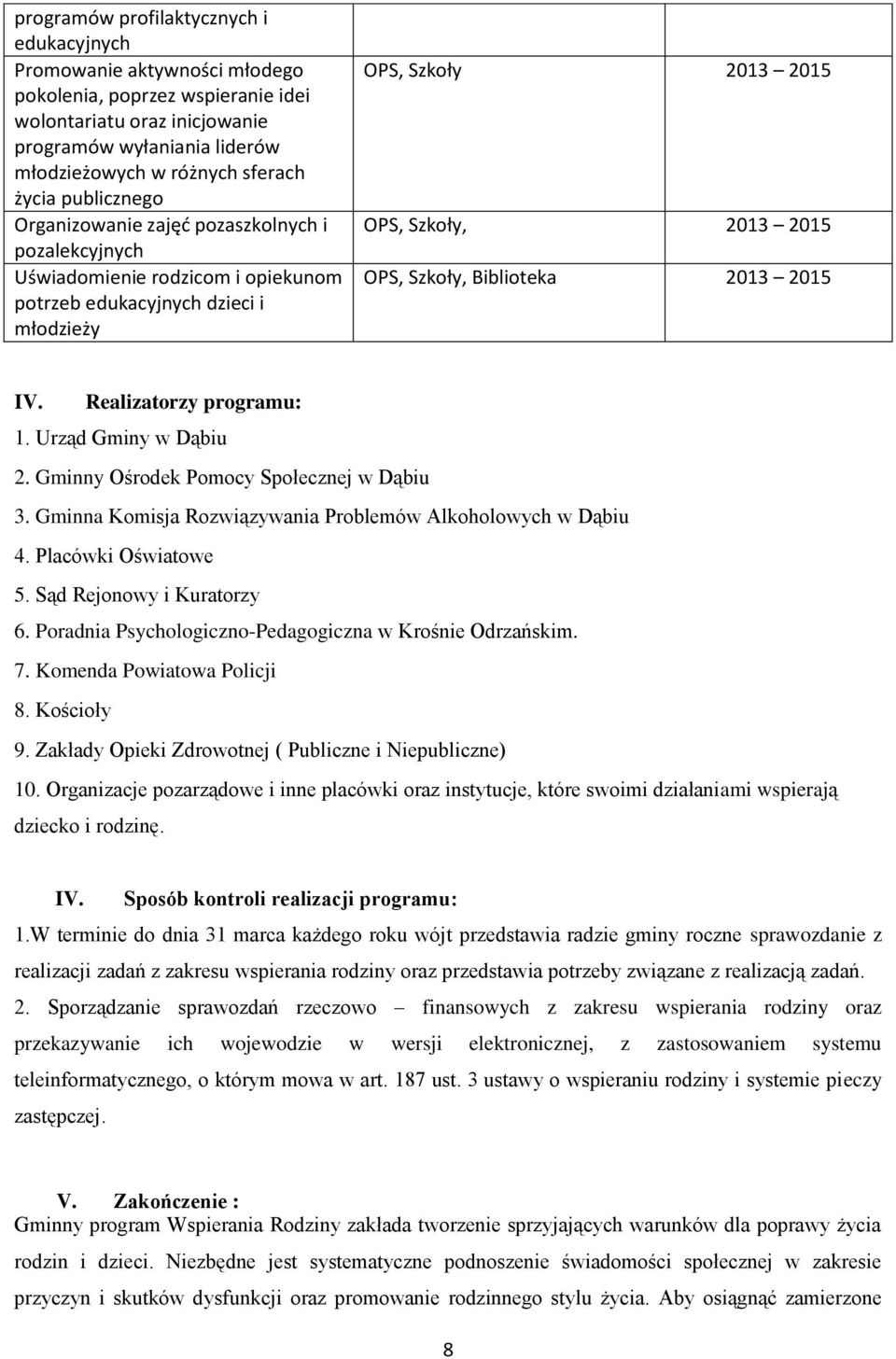 Szkoły, Biblioteka 2013 2015 IV. Realizatorzy programu: 1. Urząd Gminy w Dąbiu 2. Gminny Ośrodek Pomocy Społecznej w Dąbiu 3. Gminna Komisja Rozwiązywania Problemów Alkoholowych w Dąbiu 4.