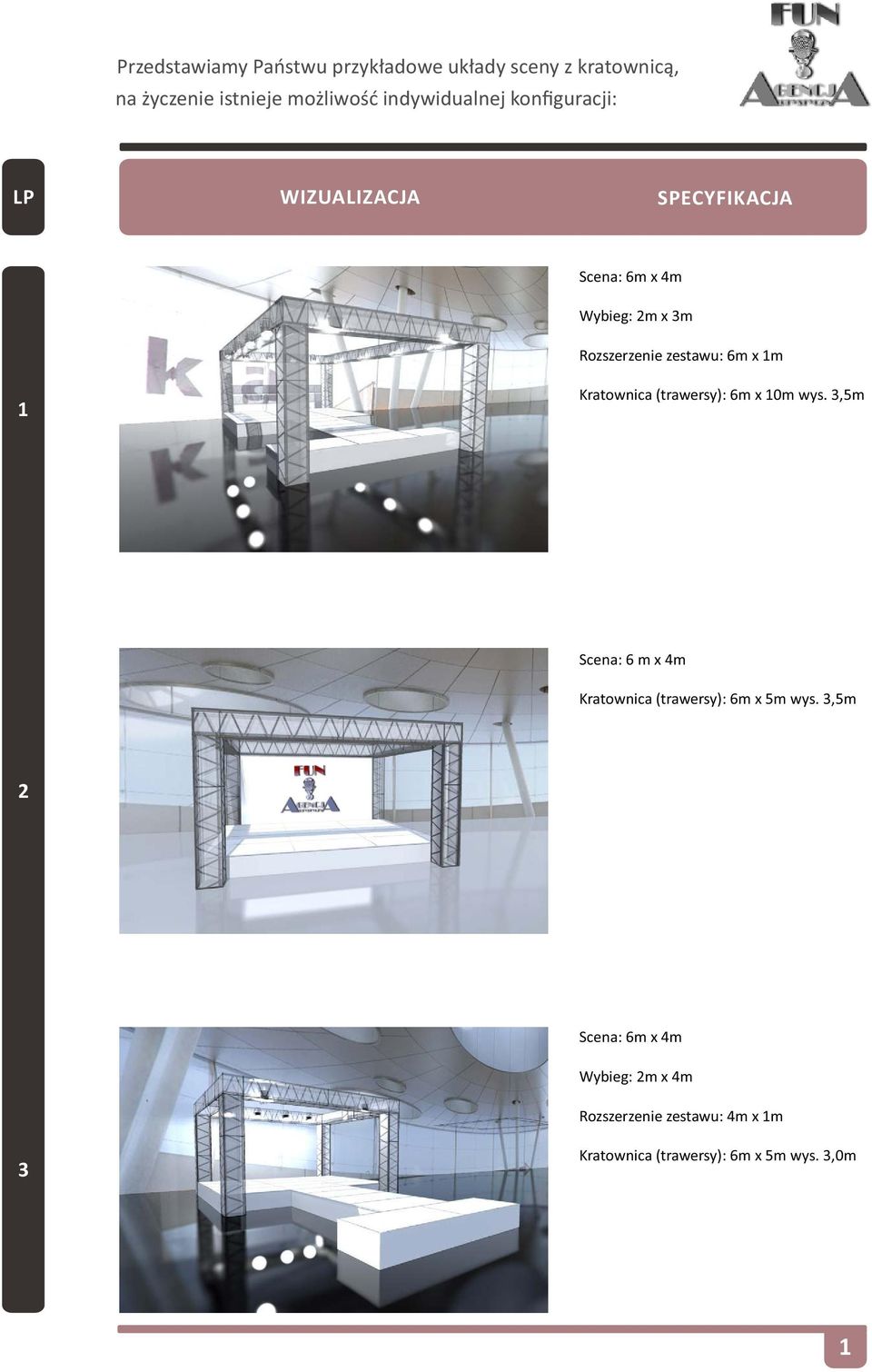 x 1m Kratownica (trawersy): 6m x 10m wys. 3,5m Scena: 6 m x 4m Kratownica (trawersy): 6m x 5m wys.