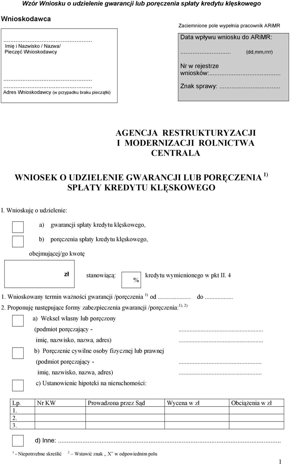 .. AGENCJA RESTRUKTURYZACJI I MODERNIZACJI ROLNICTWA CENTRALA WNIOSEK O UDZIELENIE GWARANCJI LUB PORĘCZENIA 1) SPŁATY KREDYTU KLĘSKOWEGO I.