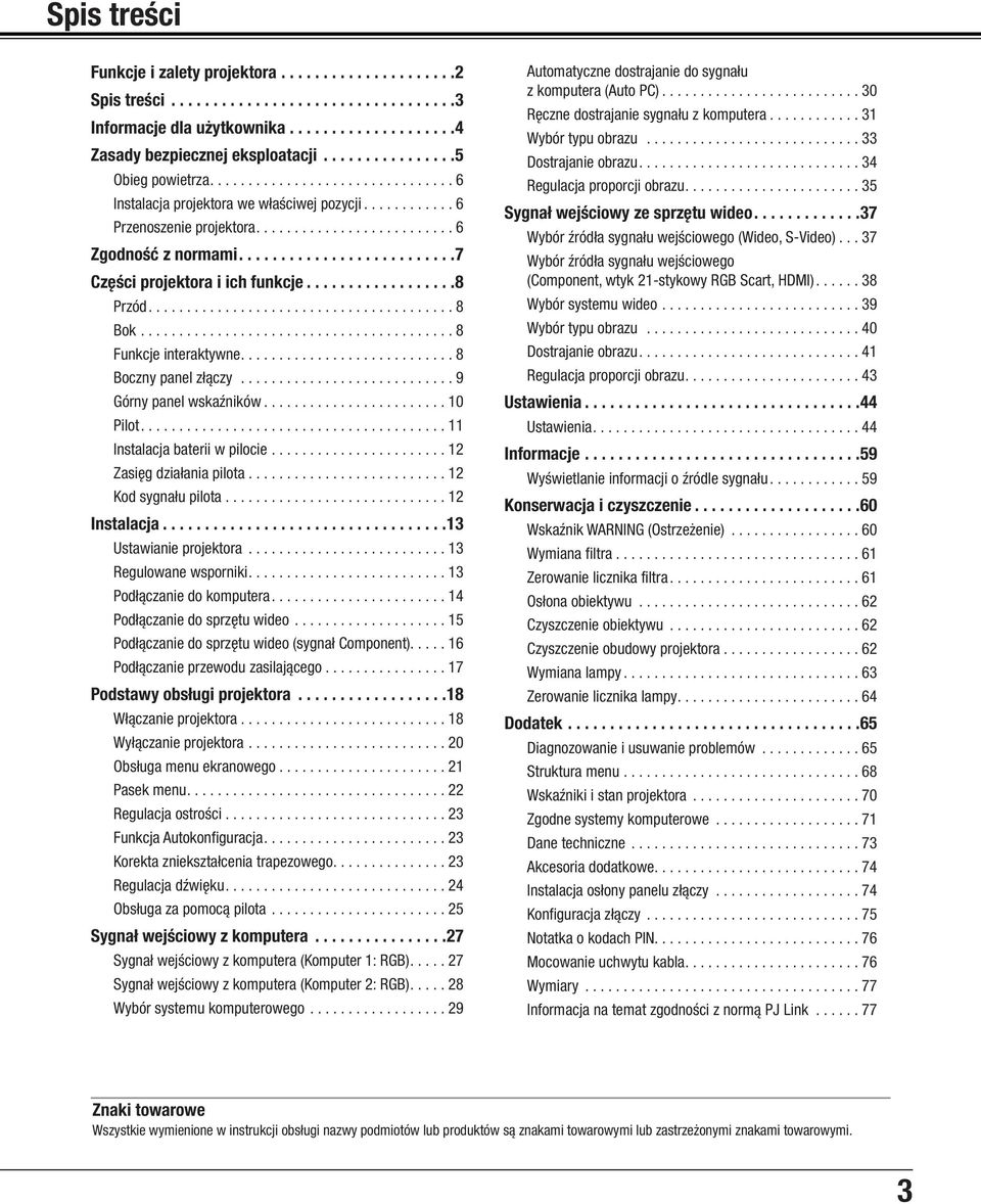 ...8 Boczny panel złączy...9 Górny panel wskaźników...10 Pilot....11 Instalacja baterii w pilocie...12 Zasięg działania pilota...12 Kod sygnału pilota...12 Instalacja... 13 Ustawianie projektora.