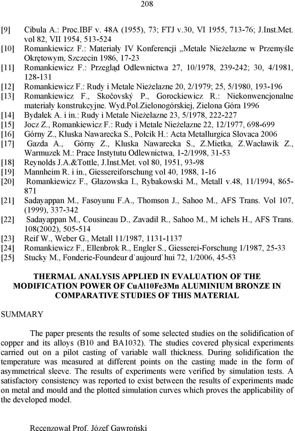 : Rudy i Metale Nieżelazne 20, 2/1979; 25, 5/1980, 193-196 [13] Romankiewicz F., Skočovský P., Gorockiewicz R.: Niekonwencjonalne materiały konstrukcyjne. Wyd.Pol.