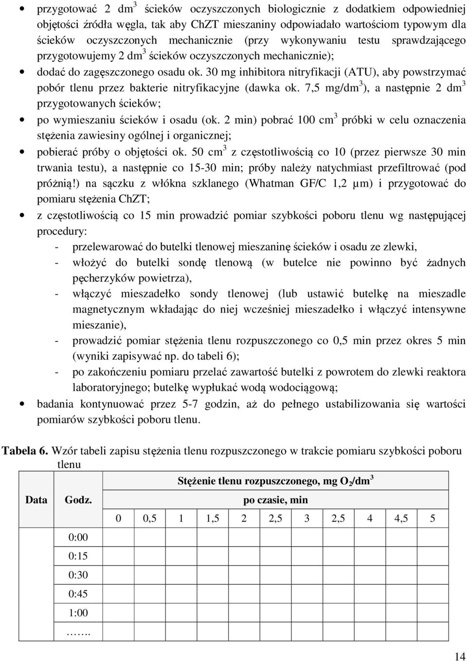 30 mg inhibitora nitryfikacji (ATU), aby powstrzymać pobór tlenu przez bakterie nitryfikacyjne (dawka ok. 7,5 mg/dm 3 ), a następnie 2 dm 3 przygotowanych ścieków; po wymieszaniu ścieków i osadu (ok.