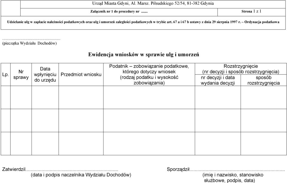 Nr sprawy Data wpłynięciu do urzędu Przedmiot wniosku Podatnik zobowiązanie podatkowe, którego dotyczy wniosek (rodzaj podatku i wysokość